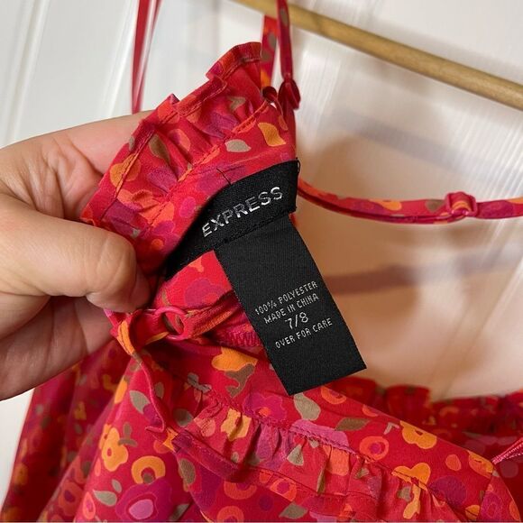 Y2K Express Pink Orange Floral Ruffle Racerback Babydoll Mini Dress Sz 8 Girly - Picture 6 of 6